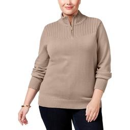 Karen Scott Womens Plus Ribbed Trim 1/2 Zip Mock Sweater