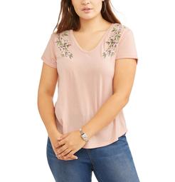 Poof Women's Plus V-Neck Top with Floral Detail