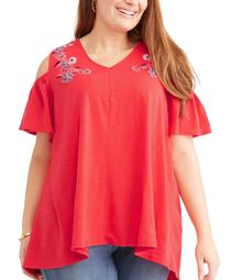Women's Plus Cold Shoulder with Embroidery Top