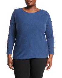 3/4-Sleeve Cashmere Pompom Button Sweater, Plus Size, Blue