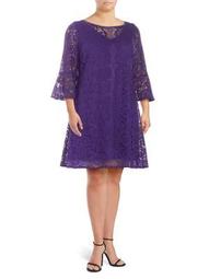 Plus Lace Bell-Sleeve Shift Dress