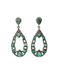 Silver Open Teardrop Earrings with Green Emerald & Diamonds