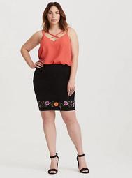 Black Floral Embroidered Ponte Mini Skirt