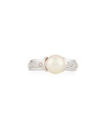 14k White Gold Pearl & Diamond Shank Ring, Size 6