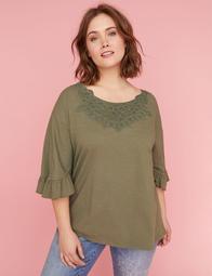 Ruffle-Sleeve Top with Lace-Trim Neckline