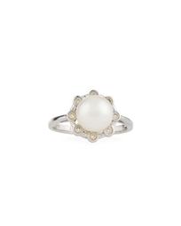 14k White Gold Tube-Set Diamond & Pearl Ring, Size 7