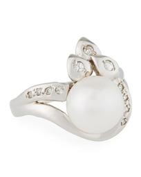 14k White Gold Diamond Leaf & Pearl Ring, Size 6