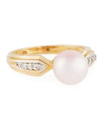 14k Gold Angled Diamond & Pearl Ring, Size 6