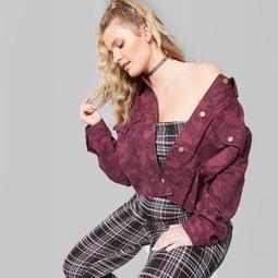 Women's Plus Size Camo Print Oversized Cropped Denim Jacket - Wild Fable™ Burgundy