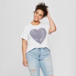 Women's Plus Size Heart Stripe Short Sleeve Boyfriend T-Shirt - Grayson Threads (Juniors') White