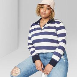 Women's Plus Size Rugby Striped Long Sleeve Boxy Polo Shirt - Wild Fable™ Blue