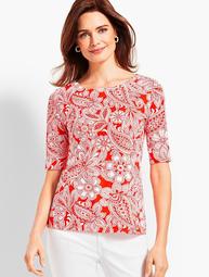 Scallop-Neck Elbow-Sleeve Tee-Etched Paisley