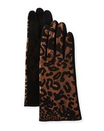 Metallic Leopard-Print Suede Gloves