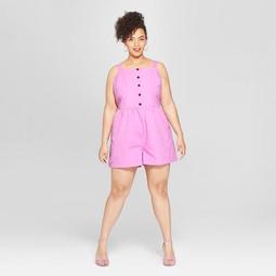 Women's Plus Size Button Front Apron Neck Romper - Who What Wear™