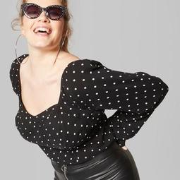 Women's Plus Size Polka Dot Long Sleeve Sweetheart Neckline Woven Top - Wild Fable™ Black