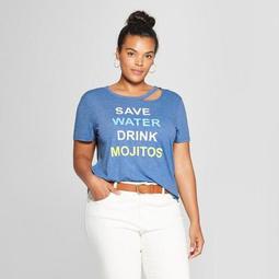 Women's Plus Size Short Sleeve Save Water Drink Mojitos Clavicle Cut - Out Graphic T-Shirt - Modern Lux Blue