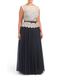 Plus Lace Bodice Belted Gown