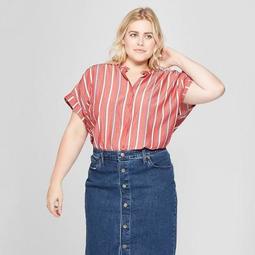 Women's Plus Size Striped Woven Short Sleeve Top - Universal Thread™ Red