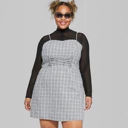 Women's Plus Size Plaid Strappy Lace-Up Waist Woven Dress - Wild Fable™ Gray