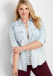 plus size washed out denim button down shirt