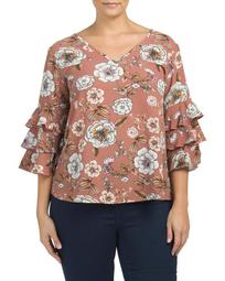 Plus Made In Usa Triple Bell Sleeve Floral Blouse
