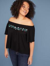 Embroidered High-Low Off-the-Shoulder Top