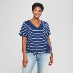 Women's Plus Size Striped Drawstring Short Sleeve T-Shirt - Ava & Viv™ Navy/White