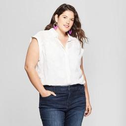 Women's Plus Size Floral Print Button-Down Short Sleeve Shirt - Ava & Viv™ White