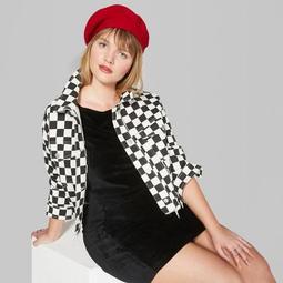 Women's Plus Size Checkerboard Print Cropped Denim Jacket - Wild Fable™ Black