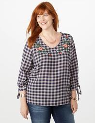 Plus Size Floral Embroidered Plaid Top
