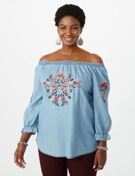 Plus Size Floral Embroidery Chambray Top