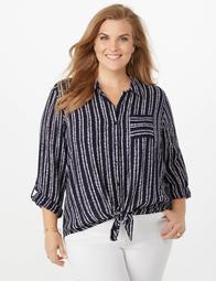 Plus Size Striped Crinkle Tie-Front Top