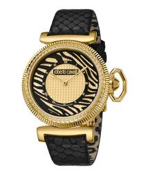 38mm Zebra Leather Watch, Black/Gold