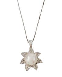 14k Diamond Flower & Pearl Pendant Necklace