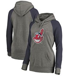 Cleveland Indians Fanatics Branded Women's Distressed Team Logo Tri-Blend Plus Size Raglan Pullover Hoodie - Gray/Navy