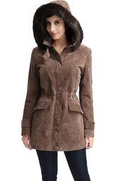 Women's "Chloe" Hooded Suede Leather Parka Coat - Plus Size