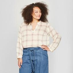 Women's Plus Size Checked Long Sleeve Blouse - A New Day™ Pink