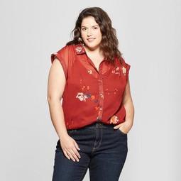 Women's Plus Size Floral Print Button-Down Short Sleeve Shirt - Ava & Viv™ Red
