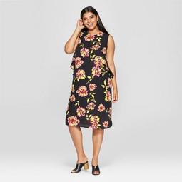 Women's Plus Size Floral Print Sleeveless Ruffle Midi Dress - Who What Wear™ Black