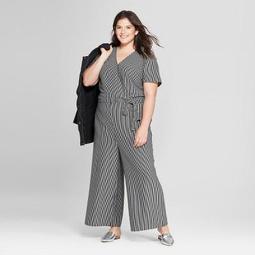 Women's Plus Size Striped Knit Jumpsuit - A New Day™ Black/White