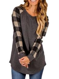 Womens O Neck Long Sleeve Plaid Patchwork Tops