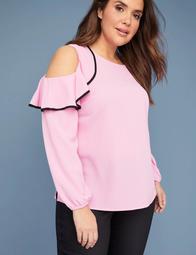 Piped Ruffle Cold-Shoulder Top
