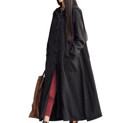 Women Plus Size Long Dress Coat Long Sleeve Pure Cotton&Linen Long Sleeve Outerwear,Black