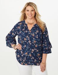 Plus Size Double Ruffle Sleeve Floral Blouse