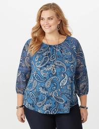 Plus Size Lace Trim Sheered Sleeve Top