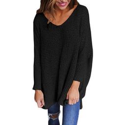 Women's Plus Size Casual Sexy Solid Color V-neck Long Sleeve Sweater, Black, L