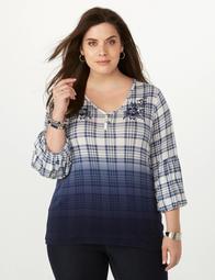 Plus Size Embroidered Plaid Ombre Top