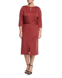 3/4-Sleeve Wool Dress w/ Faux-Wrap Waist, Plus Size