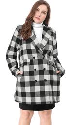 Women's Plus Size Double Breasted Turn Down Collar Plaids Coat Black Size 3X