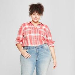 Women's Plus Size Plaid Button-Down Long Sleeve Shirt - Universal Thread™ Red